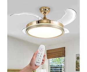 Bakaji, Ventilador de techo de acero, 106 cm de diámetro, 4 aspas de ABS retráctiles, plafón LED de 36W con cambio de color, 3 velocidades e inversión de rotación, timer y mando a distancia (bronce)