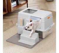 BAKAJI XXL de Arena para Gatos con Base de Acero Inoxidable de 35L, Escalera Antiarena, Puerta Transparente con Cerradura, Recogedor con Contenedor y Alfombrilla Anti-Suciedad, 60 x 40 x 39 cm