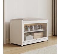 BAKAJI Zapatero con Asiento y 2 Compartimentos Interiores, Ahorra Espacio, Mueble con Puerta Transparente y Base Antideslizante para Entrada, Dormitorio, Entrada, 70 x 32 x 45 cm (Blanco)