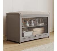 BAKAJI Zapatero con Asiento y 2 Compartimentos Interiores, Ahorra Espacio, Mueble con Puerta Transparente y Base Antideslizante para Entrada, Dormitorio, Entrada, 70 x 32 x 45 cm (Gris)