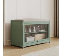 BAKAJI Zapatero con Asiento y 2 Compartimentos Interiores, Ahorra Espacio, Mueble con Puerta Transparente y Base Antideslizante para Entrada, Dormitorio, Entrada, 70 x 32 x 45 cm (Verde)