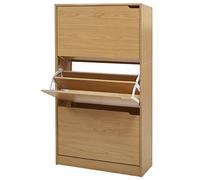 BAKAJI Delgado para Ahorrar Espacio, Color Natural Zapatero de 3 Puertas estantes para Zapatos de Doble Profundidad de Madera 63 x 24 x 115 cm, Roble, ingeniería