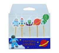 Baked With Love Velas de pastel espacial, 5 decoraciones brillantes para tartas de celebración de cumpleaños con cohete, astronauta, Saturno, Tierra, nave espacial alienígena, fotos de bambú, paquete