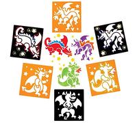 Baker Ross FE246 Dragon Stencils - Juego de 8 plantillas de plástico para niños, juego de arte para niños para crear y diseñar libros, tarjetas e imágenes temáticas