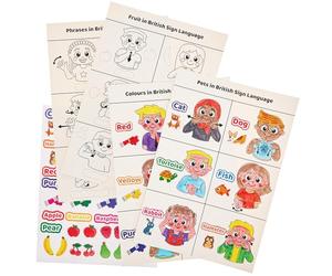 Baker Ross FN117 Aprende el lenguaje de signos con pegatinas - Pack de 4, Material didáctico STEM para colegios y aulas