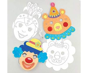 Baker Ross- Kits de caretas de personajes del circo para colorear (Pack de 8) -Manualidades infantiles para decorar caretas variadas de personajes del circo y disfrazarse