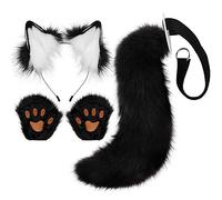 Bakermiche Diadema de piel sintética con orejas de gato, guantes esponjosos de cola de zorro, cola de zorro, disfraz de animal, cola peluda y patas, disfraz de mujer para Halloween, carnaval, juego de