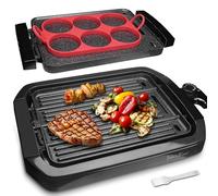 Baker's Friend - Plancha y parrilla para interiores, plancha eléctrica con parrilla interior 2 en 1 y plancha para interior con placa extraíble, molde de silicona, apto para lavaplatos, recetas
