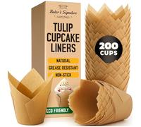 Baker's Signature - Forros para magdalenas con forma de tulipán, para hornear, 150 vasos de papel pergamino, tamaño perfecto, resistente, a prueba de grasa y fácil de usar, marrón natural