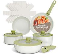 Bakken-Swiss - Juego de utensilios de cocina desmontables de 15 piezas, granito, antiadherente, ecológico, asas extraíbles apilables, para todas las estufas y aptos para horno, color verde/crema