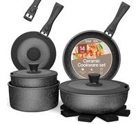 Bakken-Swiss - Juego de utensilios de cocina desmontables de 15 piezas, granito, antiadherente, ecológico, asas extraíbles apilables, para todas las estufas y horno, revestimiento negro mármol