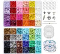 Bala&Fillic Cuentas de cristal 6/0 de 4 mm, 48 colores en caja, alrededor de 6800 piezas con cuerda elástica y agujas para abalorios