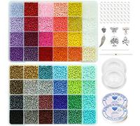 Bala&Fillic Cuentas de cristal de 3 mm, 8/0, 48 colores en caja, alrededor de 16800 piezas con cuerda elástica y agujas para abalorios