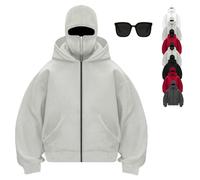 Balaclava Hoodie with Mask Built in, Double Hooded Zip Up Jacket Wind-resistant Winter Face Covering Hoodies for Men (Gray hat,S)