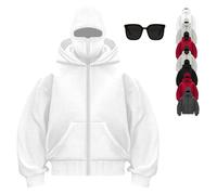 Balaclava Hoodie with Mask Built in, Double Hooded Zip Up Jacket Wind-resistant Winter Face Covering Hoodies for Men (White,M)