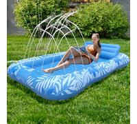 Balakaka Colchoneta Piscina Adultos 208×130cm, Diseño de Rociado de Agua, Tanning Pool Hamaca Hinchable con Portabebidas, Hinchable Flotador Piscina para Fiestas Verano, Azul Hoja de Arce