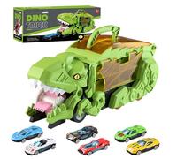 Balakaka Dinosaurio Transporte Truck Juguetes, Juguete Portátil de Dinosaurio con 6 Vehículos, Coches de Juguetes para Niños 3-8 Coches de Regalo, Verde