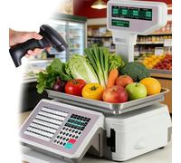 Balanza digital con impresión de etiquetas y código de barras de 30 kg (66 lb), pantalla LCD dual, impresora de etiquetas térmicas para tiendas de alimentos, carne y comestibles.