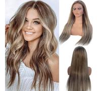 Balayage - Peluca de cabello humano con encaje frontal de color rubio ceniza transparente HD de 22 pulgadas, 13 x 4 pulgadas, rubio ceniza degradado a castaño con raíces marrones, peluca con reflejos