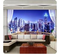 Balcón Azul Ciudad Arquitectura Vista Nocturna 3D Papel Pintado Pared Fácil Instalación Oficina Sala Estar Sofá Dormitorio TV Fondos Decoración-400cm×280cm