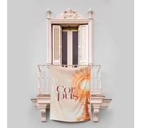 Balconera Corpus Christi Semana Santa Religiosa. Decoración religiosa de tela 70x100 cm. Colgadura dorada foto corpus. Beige. Luz. Decoración balcón. Tela impresa con imagen Corpus Christi (4)
