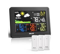 BALDR Estación meteorológica inalámbrica con 3 sensores exteriores para interior y exterior, termómetro digital, higrómetro de humedad con pronóstico del tiempo, pantalla a color DCF estación