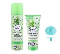 Balea Juego de 2 - 2 en 1 protector de pies y desodorante en spray (200 ml) + crema para pies aceite de árbol de té (100 ml) + esponja de silicona extra