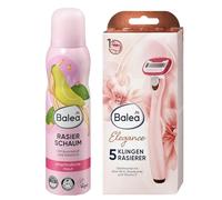 Balea - Juego de 2 afeitadoras: crema de afeitar aceite de aguacate y vitamina E, 150 ml + afeitadora Balea 5 cuchillas Elegance, 1 unidad + bono: esponja de silicona para una piel suave y cuidada