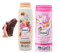 Balea Juego de 2 - Baño de espuma de almendra suave (750 ml) + crema de ducha flor de almendro y magnolia (300 ml) + cepillo de masaje hipoalergénico para todo el cuerpo