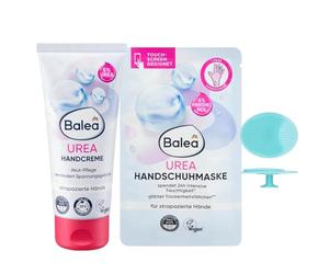 Balea - Juego de 2 cremas de manos Urea 100 ml + máscara de guante Urea (1 par), 2 unidades + esponja de silicona