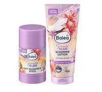 Balea - Juego de 2 palillos antiheridas Summer Island 25 g + loción corporal Schimmer Summer Island 200 ml + Bonus: cepillos de limpieza facial de silicona suave