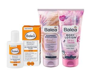 Balea Juego de 3 cuidado de la piel: Beauty Expert UV PROTECTION FLUID con ácido hialurónico triple SPF 50 (50 ml) + loción corporal brillante Eternal Summer (200 ml) + loción corporal Life IS