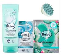 Balea - Juego de 3 lociones de cuidado hialurónico, 200 ml + mascarilla facial de ácido hialurónico (2 x 8 ml), 16 ml + almohadillas para los ojos hidrogel agua de cactus (1 par), 2 unidades + cepillo