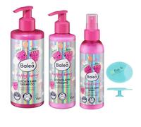 Balea - Pack de 3 champús para peinar Happy Berry, 250 ml, acondicionador de pelo ligero Happy Berry de 200 ml + spray de peine Happy Berry de 150 ml + 1 esponja de silicona