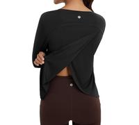 BALEAF Camiseta deportiva de manga larga transpirable para mujer, con protector solar, camiseta de entrenamiento ligera, Negro , M