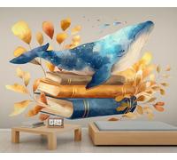 Balena de acuarela literaria en libros Fotomural Estándar de arte para dormitorio/estudio, hoja de otoño Decoración de libro animal 300x230cm (No es autoadhesivo)