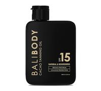 Bali Body Aceite bronceador de cacao SPF 15 | Para un brillo bronceado solar de aspecto natural profundo | Aceite hidratante de bronceado solar hecho de cacao orgánico, tinte de chocolate | Vegano