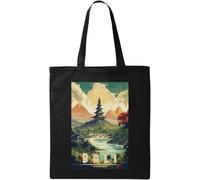 Bali Indonesia - Póster de viaje minimalista de algodón ecológico natural, bolsa de mano, color negro, Black, Talla única