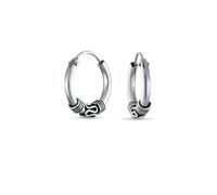 Bali Tribal Swirl Continuous Endless Round Hoop Earrings For Women Oxidized .925 Sterling Silver .50 .75 1 1.25 Inch Diameter