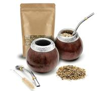 BALIBETOV 200 ml Juego de 2 Mates de Calabaza - 2 Mates, 2 Bombillas, Cepillo de Limpieza y 100 g de Yerba Mate - Calabaza Natural - Hecho a Mano - Ideal para Compartir