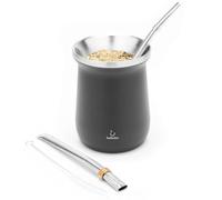 balibetov Elegante Juego Yerba Mate Gourd (Taza Mate) - Doble pared de acero inoxidable 18/8 - Incluye dos bombillas y un cepillo de limpieza (Negro)