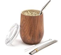 balibetov - Nuevo - Moderno juego Yerba Mate Gourd (Taza Mate) - Doble pared de acero inoxidable 18/8 Incluye dos bombillas y un cepillo de limpieza (madera, 355 ml)