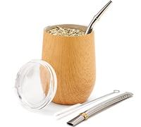 Balibetov Set de Mate Argentino - Kit Con Vaso de Pared Doble de Acero Inoxidable 18/8 - Incluye Dos Bombillas y Cepillo de Limpieza (355 ml, Madera Clara)