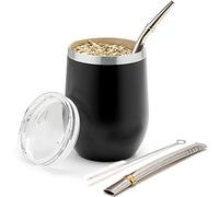 Balibetov Set Mate Argentino - Kit de Vaso para Yerba con Pared Doble de Acero Inoxidable 18/8 - Incluye Dos Bombillas y Cepillo de Limpieza (355 ml, Negro)
