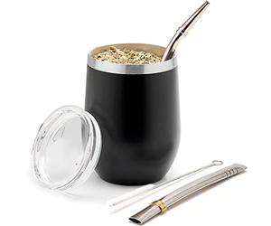 Balibetov Set Mate Argentino - Kit de Vaso para Yerba con Pared Doble de Acero Inoxidable 18/8 - Incluye Dos Bombillas y Cepillo de Limpieza (355 ml, Negro)