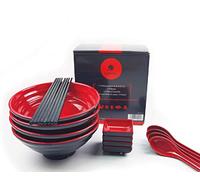 balibetov Set Vajilla Japonesa de 16 piezas- Incluye 4 Cuenco Ramen, Palillos, Cucharas y Pequeño Plato para Salsa - Cuencos Japoneses Ideales para Comida Japonesa, China, Coreana o Pho-4 sets, 16pzs