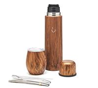 BALIBETOV Set Yerba Mate Completo - Calabaza Mate Moderna, Termo, Bombilla y Cepillo de Limpieza Incluido - Todo Acero inoxidable 304 18/8 (Madera)