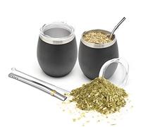 balibetov Yerba Mate - Juego de 2 tazas de té mate (5 unidades, acero inoxidable 18/8, dos bombillas (pajita) y un cepillo de limpieza (negro)