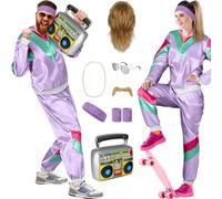 Balinco Conjunto de disfraz de los años 80 para mujer/hombre, set de traje de entrenamiento para carnaval, peluca Vokuhila, barba, cadena, gafas de piloto, cintas para la cabeza, ghettoblaster (Morado