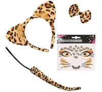 Balinco Conjunto de traje de leopardo, diadema de leopardo, pajarita, cola, pegatina facial